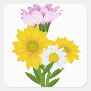 Floral Yellow Sunflowers & White Daisies Flowers Square Sticker