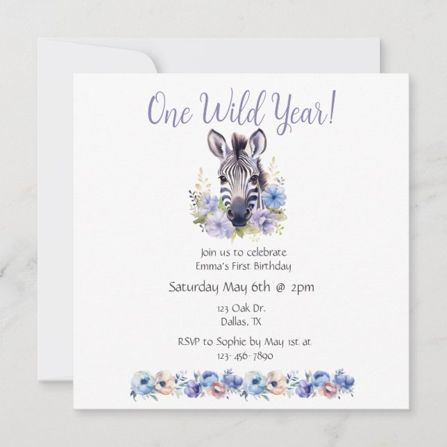 Floral Zebra Birthday  Invitation (Front)