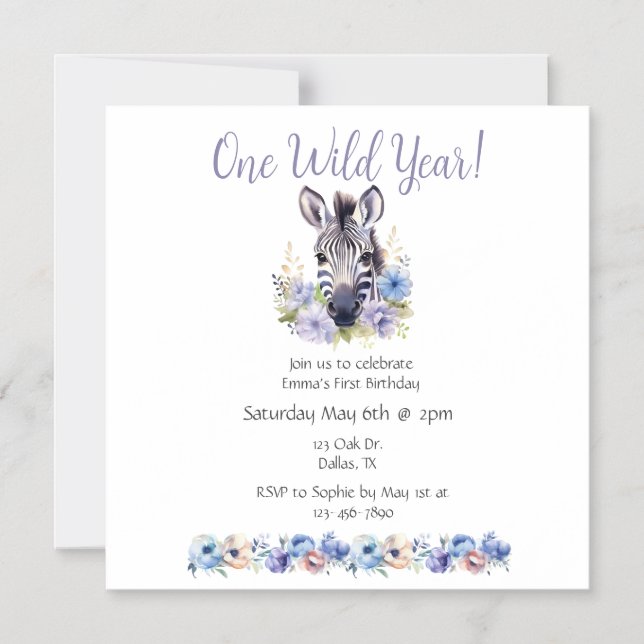 Floral Zebra Birthday  Magnetic Invitation (Front)