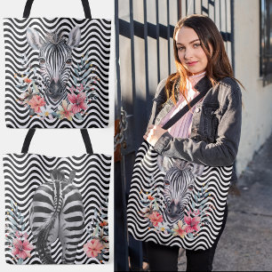 Floral Zebra Face Butt Black White Wavy Stripes Tote Bag