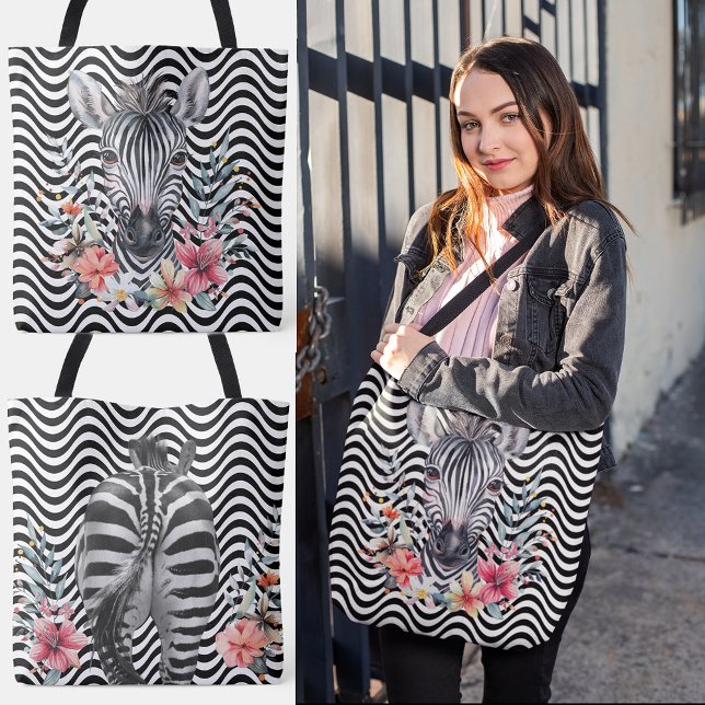 Floral Zebra Face Butt Black White Wavy Stripes Tote Bag (Floral Zebra Face Butt Black White Wavy Stripes Tote Bag Front and Back, large bag, shopping bag,)