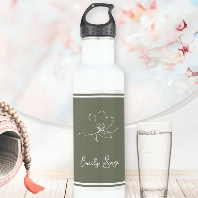 Floral Zen Athletic Stripes Ivory Sage Green 710 Ml Water Bottle (Minimalist Floral Line Art Zen Sage Green Ivory Stainless Steel Water Bottle ©Sunny Wanderlust 🌞✈️)