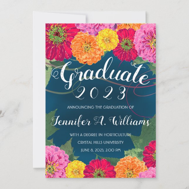 Floral Zinnia Watercolor Blue 2023 Graduation Announcement (Front)