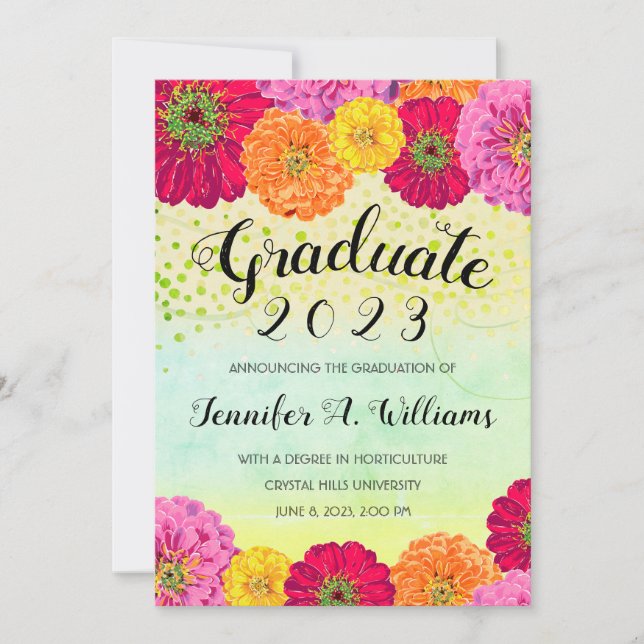 Floral Zinnia Watercolor Bright 2023 Graduate Announcement (Front)