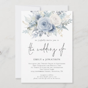 Florals 3 Photos QR Code Dusty Blue Wedding Invitation