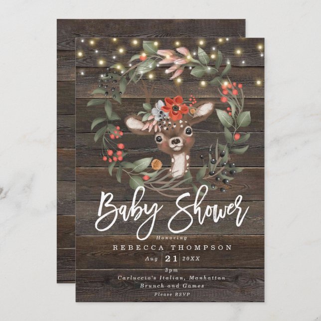 florals and cute deer boho modern baby shower invitation (Front/Back)