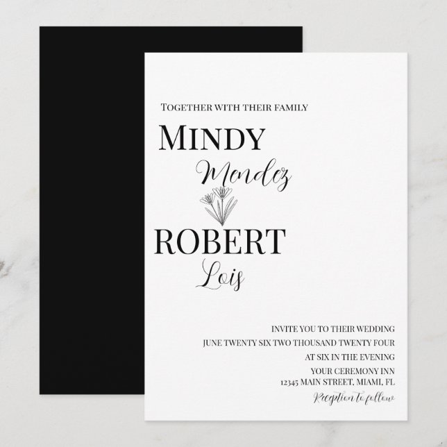 Florals and Script Black White Wedding Invitation (Front/Back)