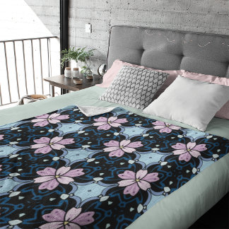 Florals At Midnight Pink and Blue Flowers Fleece Blanket