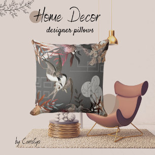 Florals, Birds, Slate Grey Background Accent Cushion