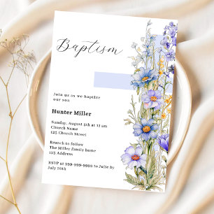 Florals blue cross boy Baptism Invitation