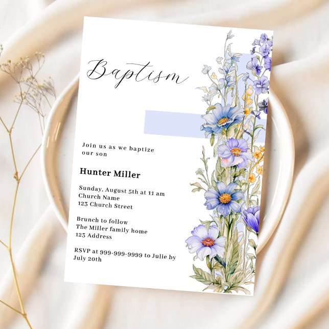 Florals blue cross boy Baptism Invitation (Creator Uploaded)