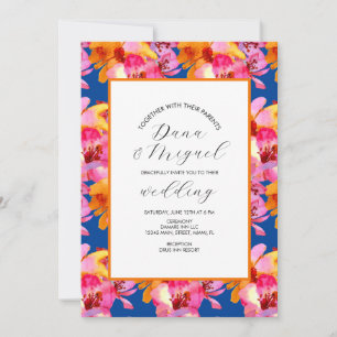 Florals Blue Orange Watercolor Wedding Invitation