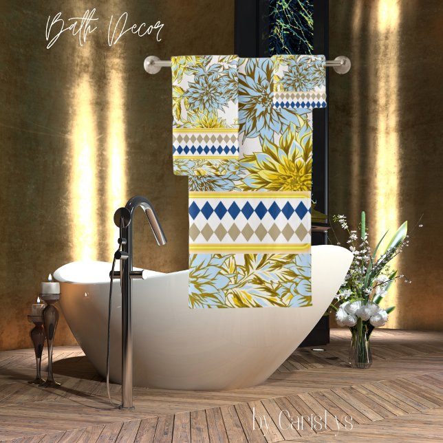 Florals Blue Yellow Dahlias with Patterned Trim Bath Towel Set (Creator Uploaded)