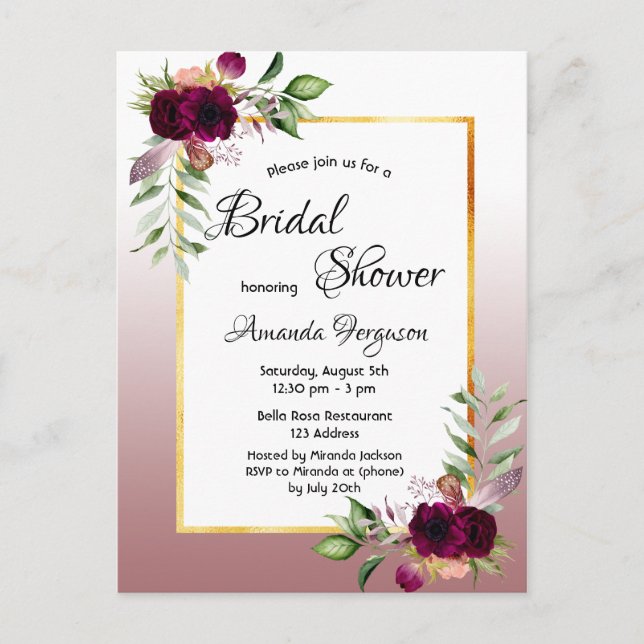 Florals cinnamon rose bridal shower invitation postcard (Front)