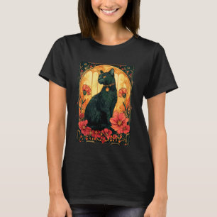 Florals Cottagecore Black Cat & Moon Whimsical Art T-Shirt