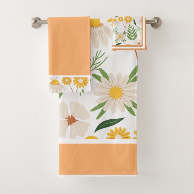 Florals Daisies Trimed in Coral and Greenery  Bath Towel Set (Insitu)