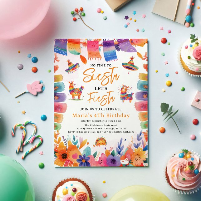 Florals Mexican, No time to Siesta Birthday Girl  Invitation ( Florals Mexican, No time to Siesta, Let's Fiesta, Birthday Girl Party Invitation)