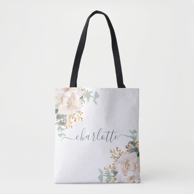 Florals peony eucalyptus monogram bridesmaid tote bag (Front)