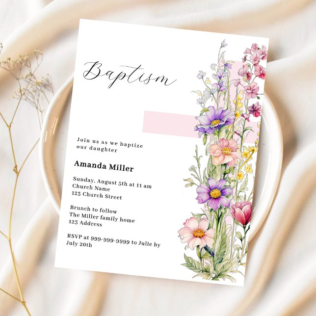 Florals pink cross girl Baptism invitation (Creator Uploaded)