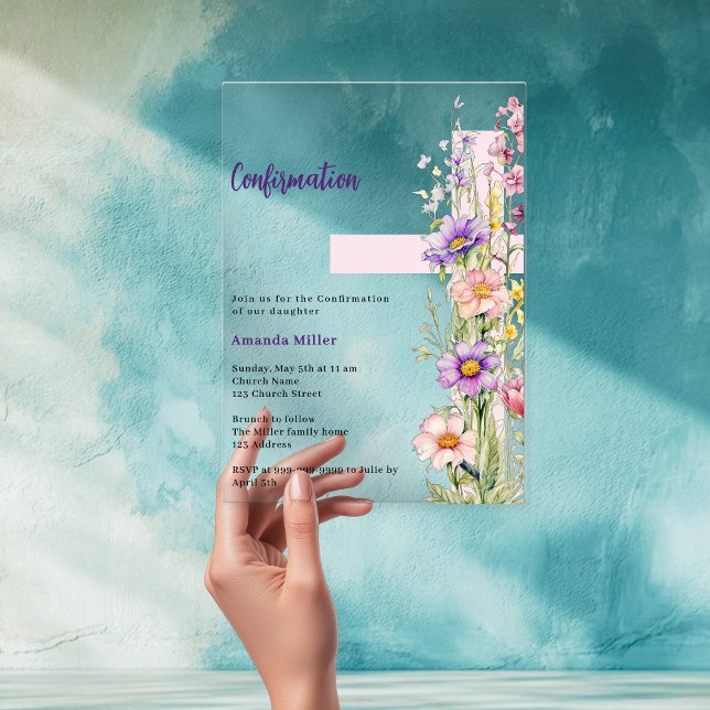 Florals pink cross girl Confirmation clear Acrylic Invitations (Creator Uploaded)