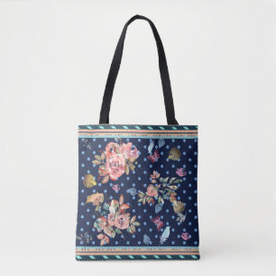 Florals, Polka Dots, Watercolor, Navy Background Tote Bag