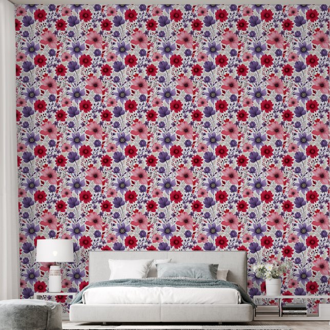 Florals Red Purple Pink Wallpaper (Bedroom)