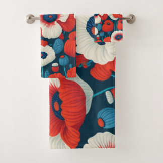 Florals Red, White, Blue Poppies Bath Towel Set