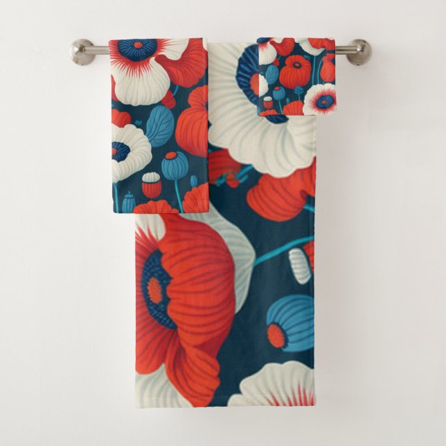 Florals Red, White, Blue Poppies Bath Towel Set (Insitu)