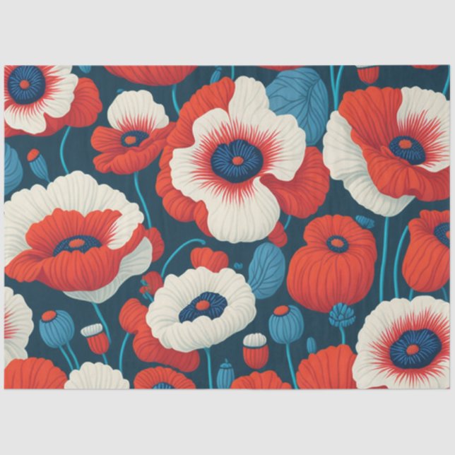 Florals Red, White, Blue Poppies Decoupage Tissue Paper (Front)