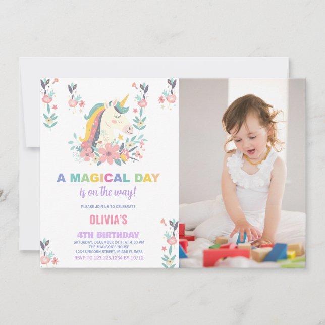 Florals Unicorn Birthday Invitations with photo (Front)