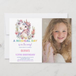 Florals Unicorn Birthday Invitations with photo