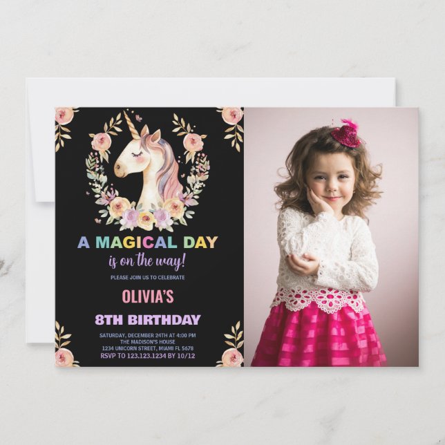 Florals Unicorn Birthday Invitations with photo (Front)