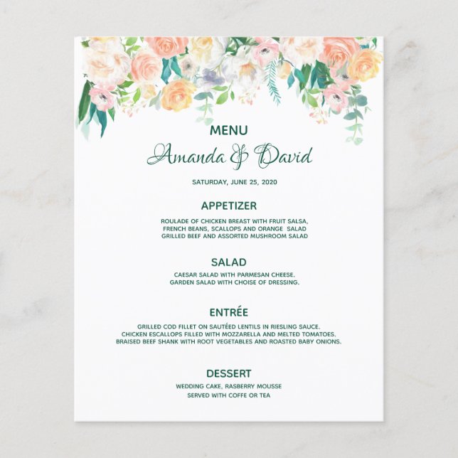 Florals white blush peach rose wedding menu (Front)
