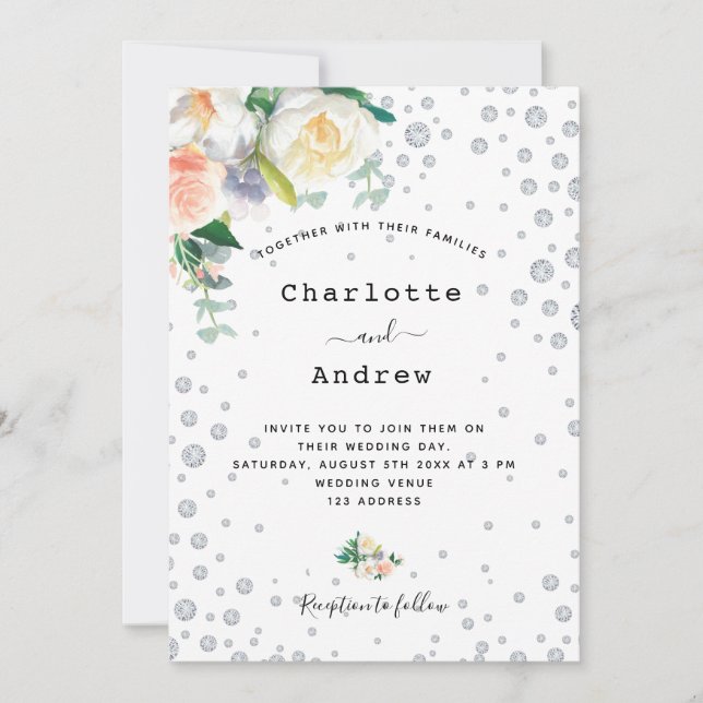 Florals white rose gold glamourous wedding invitation (Front)