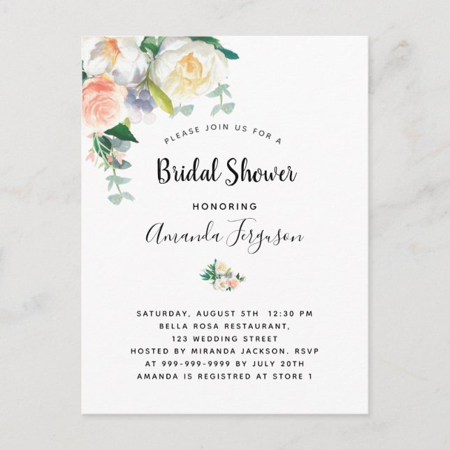 Florals white rose gold pink bridal shower postcard (Front)