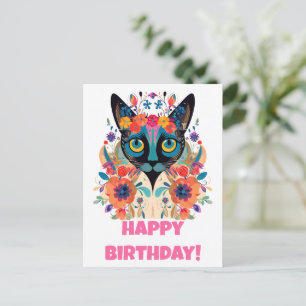FloralSiamese Cat Postcard: Happy Birthday Edition Postcard