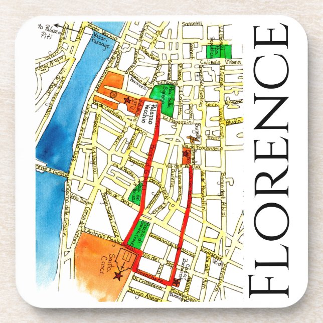 Florence Italy Colourful Hand Drawn Street Map Coaster (Front)