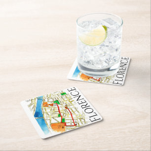 Florence Italy colourful street Map hand drawn Square Paper Coaster