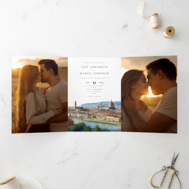 Florence Italy QR Code 3 Photo Wedding Tri-Fold Invitation (Inside)