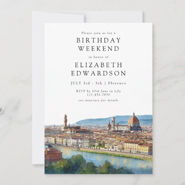 Florence Skyline Watercolor Birthday Weekend Invitation (Front)