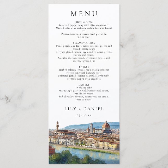 Florence Skyline Watercolor Elegant Wedding Menu (Front)