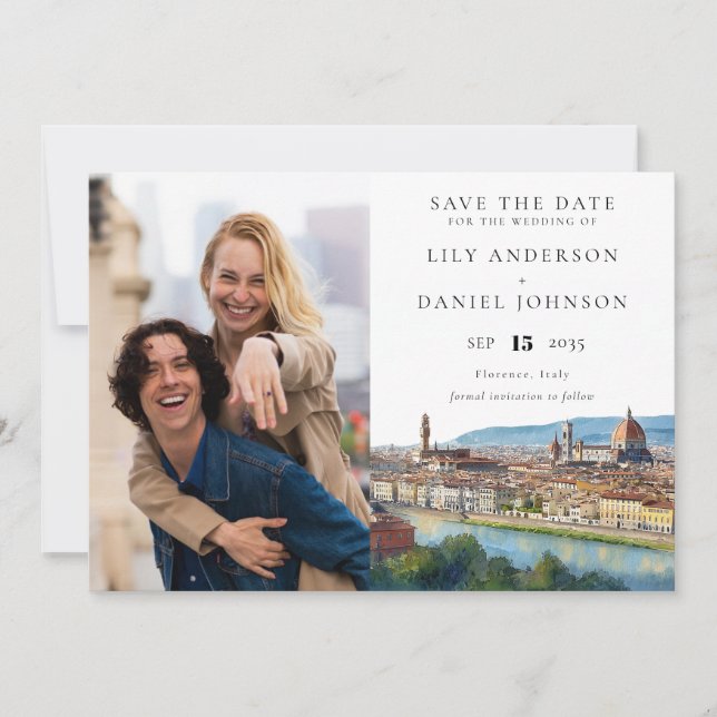 Florence Skyline Watercolor Photo Wedding Save The Date (Front)