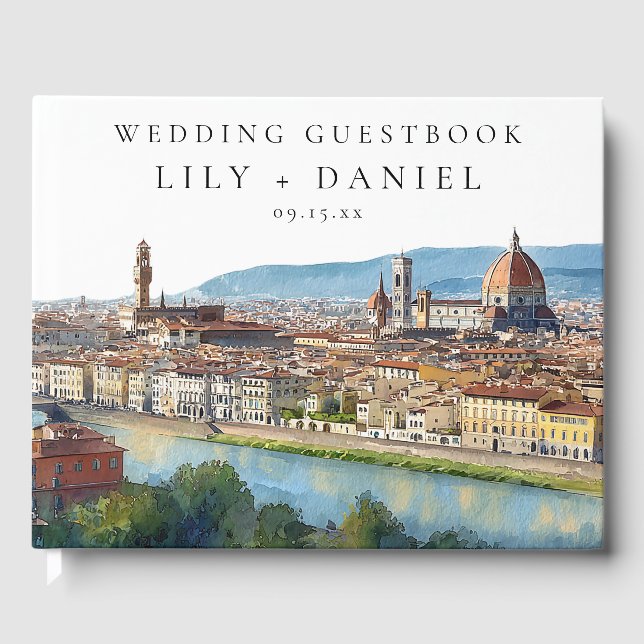 Florence Skyline Watercolor Wedding Guest Book (Front)