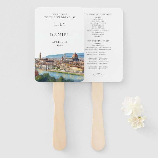 Florence Skyline Watercolor Wedding Program Hand Fan (Front and Back)