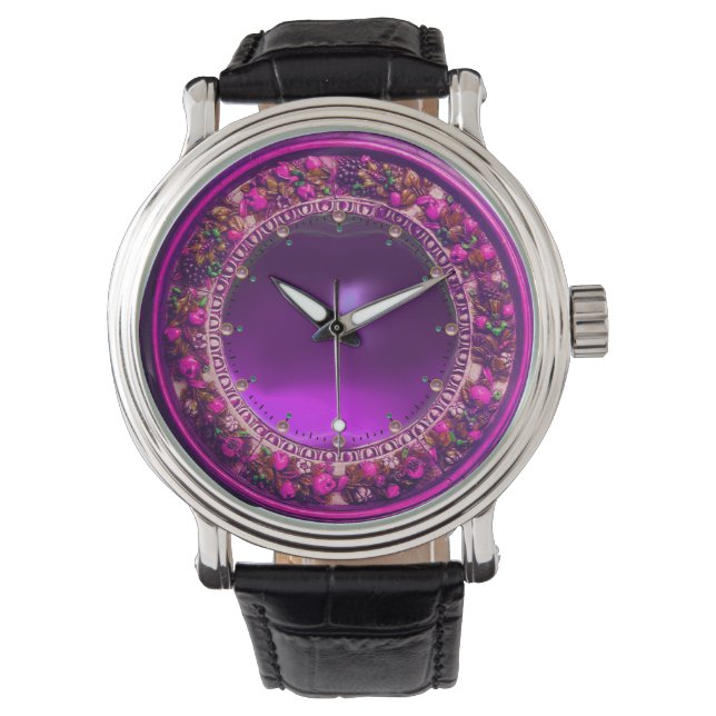 FLORENTINE PINK FLORAL CROWN ,FUCHSIA PURPLE GEM WATCH (Front)