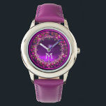 FLORENTINE PINK FLORAL CROWN PURPLE GEM MONOGRAM WATCH<br><div class="desc">Elegant , classic fruits, vibrant Renaissance fine art , masterpiece from Bottega della Robbia ( Florence - Italy ) .Classy round /circle shape photo template  in yellow, black, purple, pink, fuchsia, violet colours with bright 3D  gem stones easily customisable with your photo. Artistic and cool design</div>
