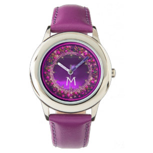 FLORENTINE PINK FLORAL CROWN PURPLE GEM MONOGRAM WATCH