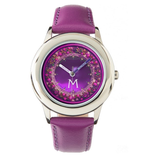 FLORENTINE PINK FLORAL CROWN PURPLE GEM MONOGRAM WATCH (Front)
