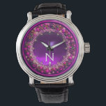 FLORENTINE PINK FLORAL CROWN PURPLE GEM MONOGRAM WATCH<br><div class="desc">Elegant , classic fruits, vibrant Renaissance fine art , masterpiece from Bottega della Robbia ( Florence - Italy ) .Classy round /circle shape photo template  in yellow, black, purple, pink, fuchsia, violet colours with bright 3D  gem stones easily customisable with your photo. Artistic and cool design</div>
