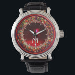 FLORENTINE RED GREEN FLORAL CROWN RUBY MONOGRAM WATCH<br><div class="desc">Elegant , classic fruits, vibrant Renaissance fine art , masterpiece from Bottega della Robbia ( Florence - Italy ) .Classy round /circle shape photo template  in yellow, black, purple, pink, fuchsia, violet colours with bright 3D  gem stones easily customisable with your photo. Artistic and cool design</div>